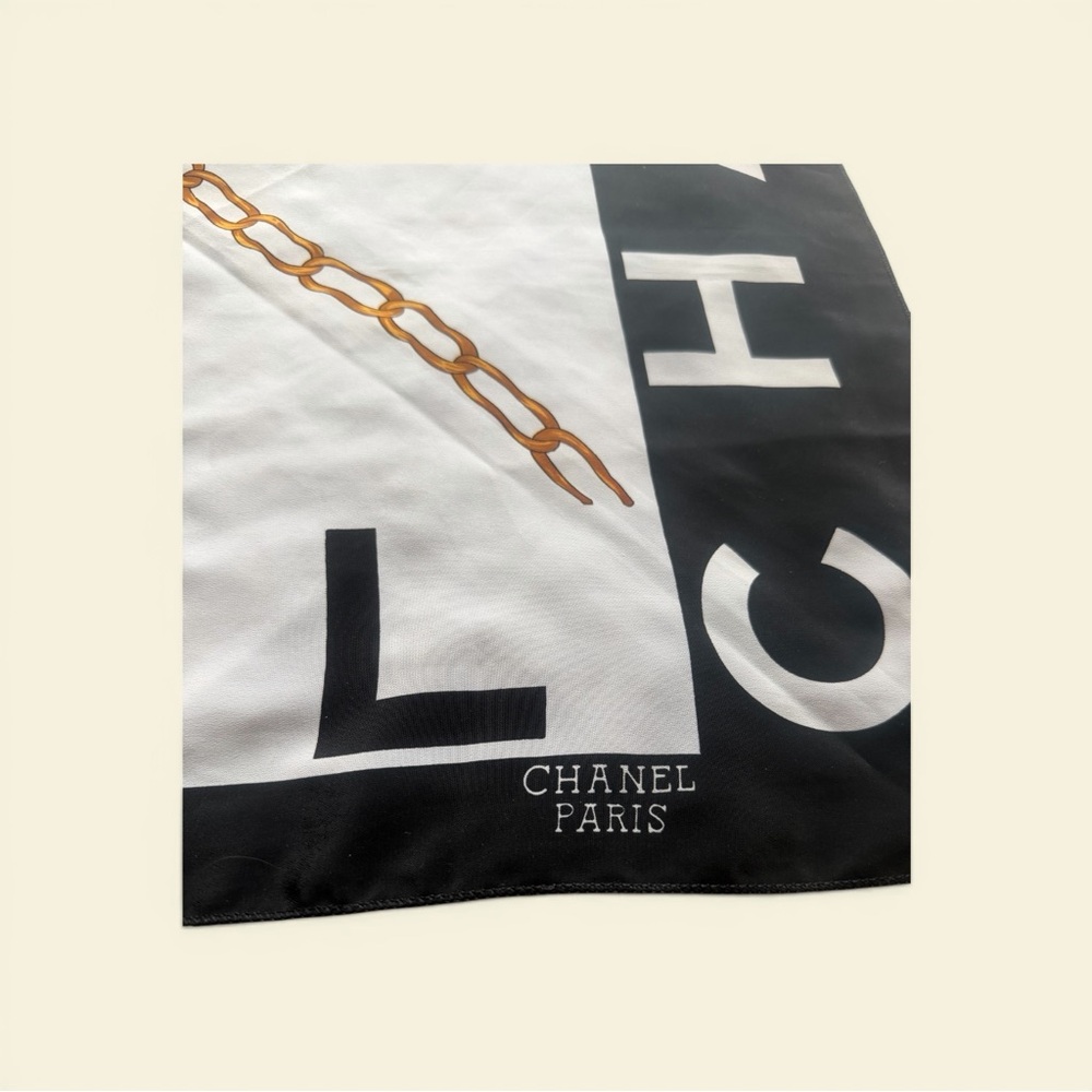 Vintage CHANEL Black, White and Gold Graphic Silk Scarf - Picture 11 of 11